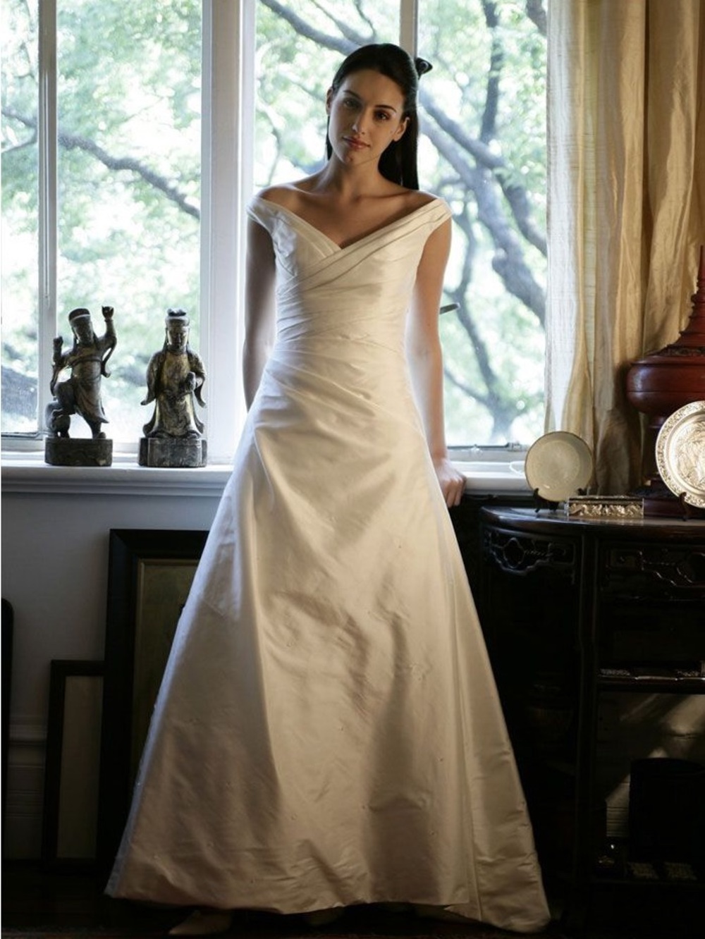 Augusta Jones Couture Classic Ivory A-Line Satin Wedding Gown with V-Neck